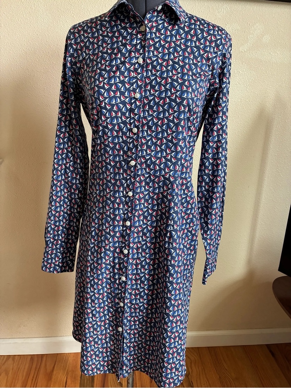 Brooks Brothers Navy Sailboat Print Button-Front Shirt Dress